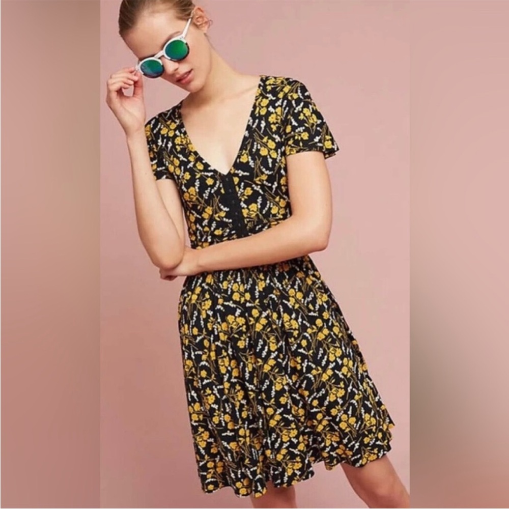NWT Anthropologie Maeve Black & Yellow 90s Floral Dress Medium